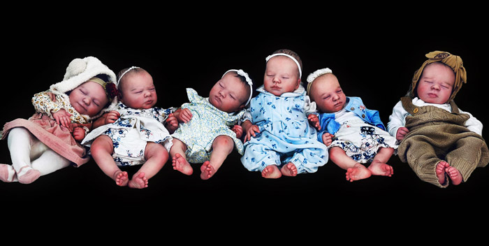 Left to Right: June, Anna, Laila, Daphne, Alyssa and Mary. All are Realborns with a rose skin tone.